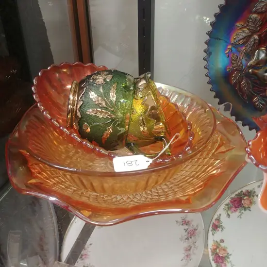 3 CARNIVAL GLASS BOWLS+JUG AND BASIN