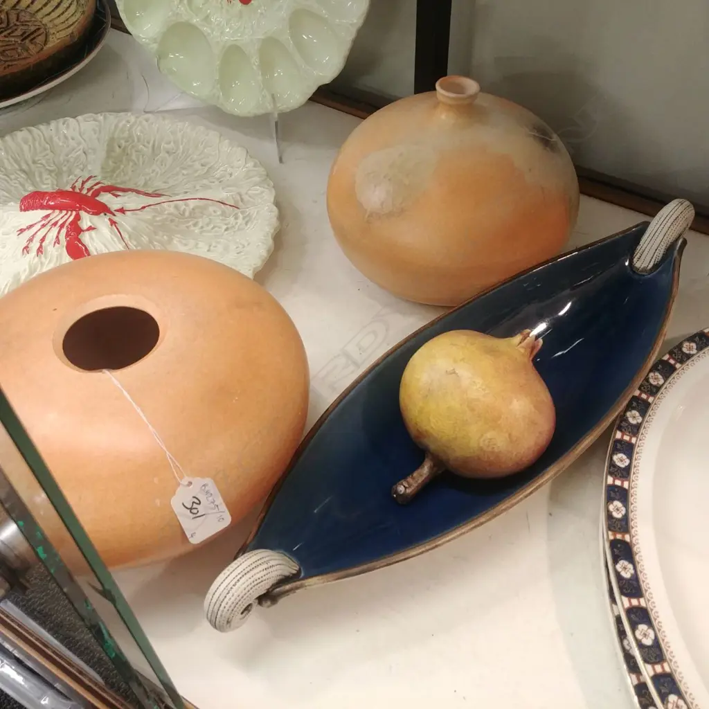 2 STUDIO POTTERY VASES + TROUGH + CERAMIC FRUIT Image 1++