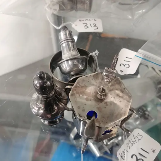 SILVER SALT/PEPPER A.F.;SURV. RING;MUSTARD POT