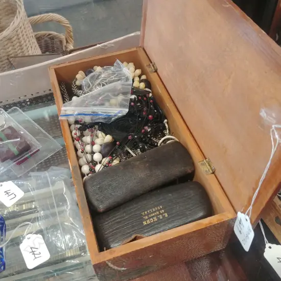 J VICERY WOODEN BOX  WITH COSTUME JEWELLERY