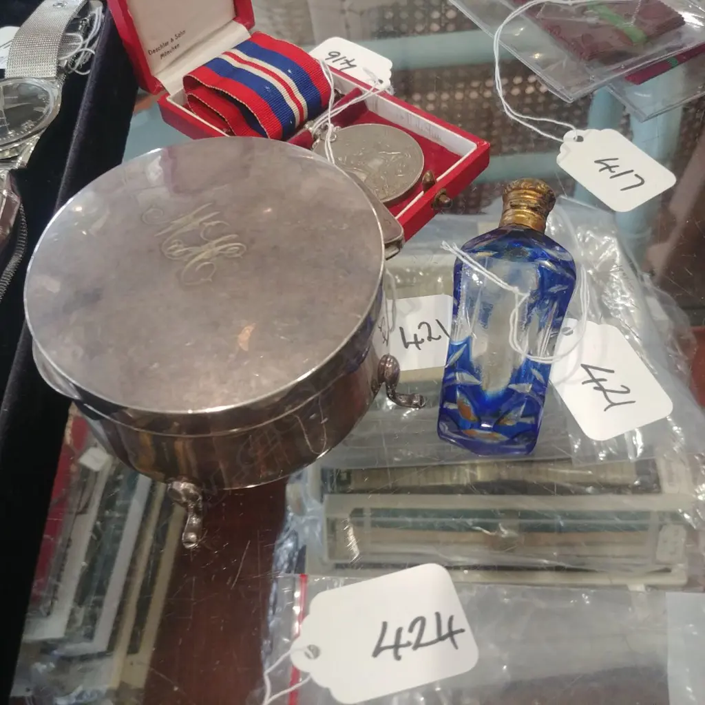 BLUE SCENT BOTTLE  & EP BOX WITH COSTUME JEWELLERY Image 1++