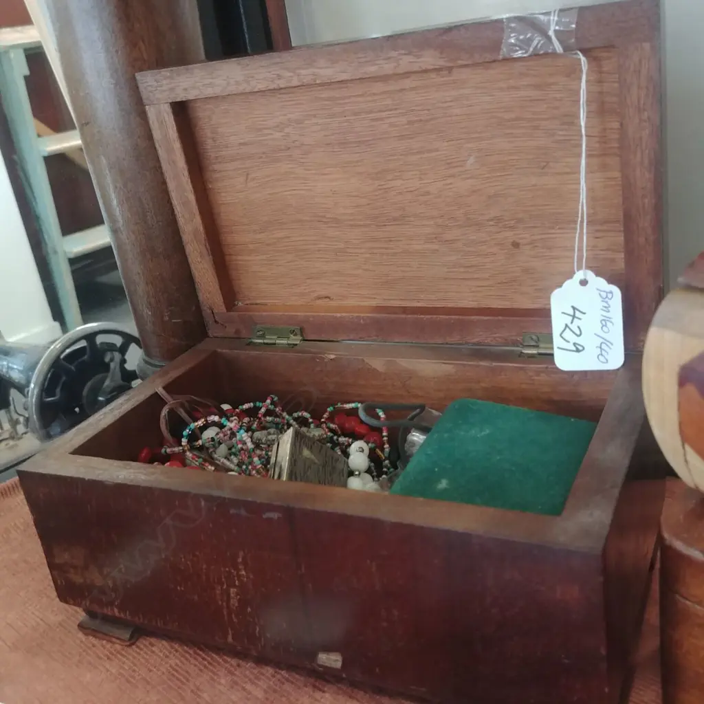 WOODEN BOX  WITH COSTUME JEWELLERY Image 1++