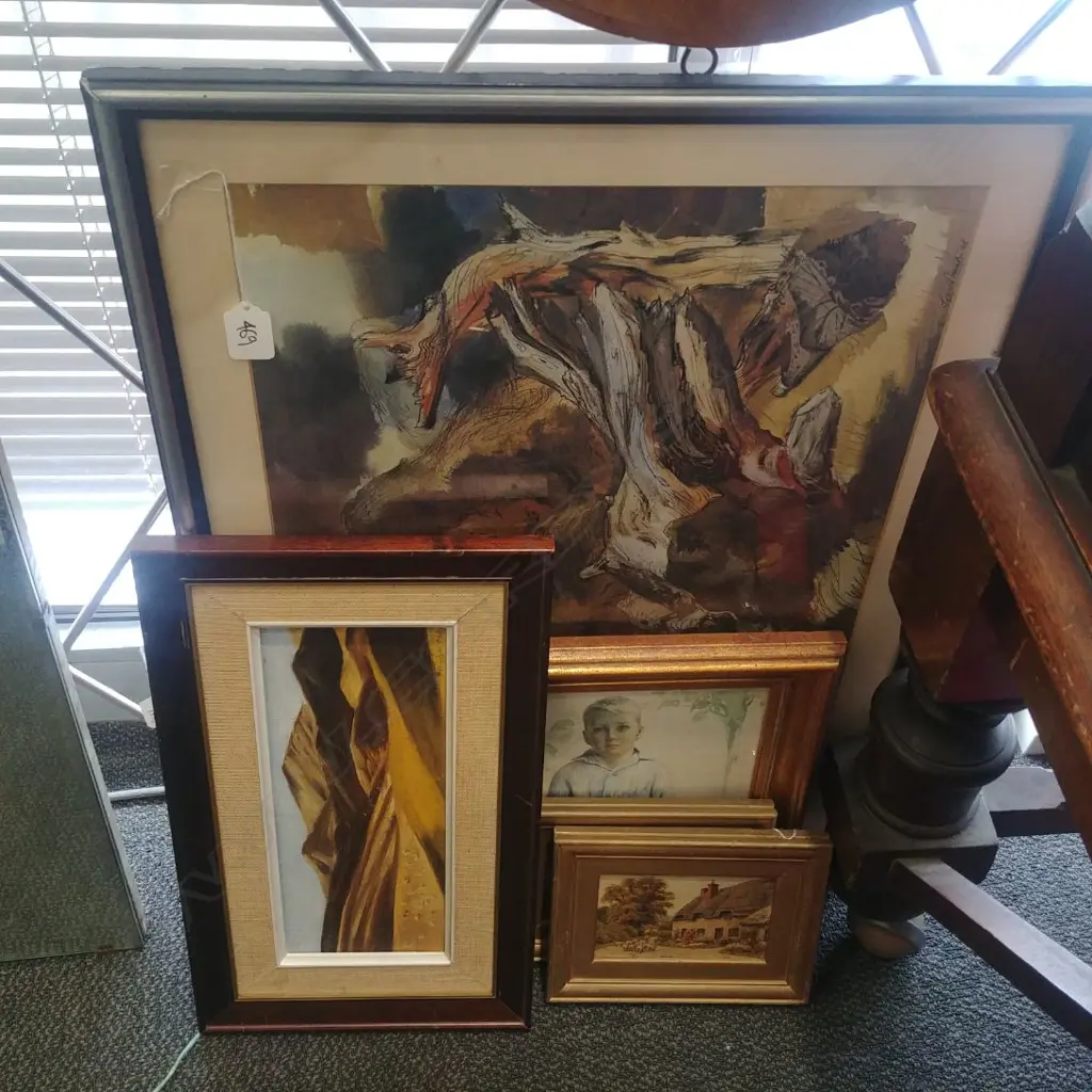 WATER COLOUR OF BOY; OIL LANDSCAPE; ERIC LEE JOHNSON PRINT & 2 OTHERS SMALL PICTURES Image 1++