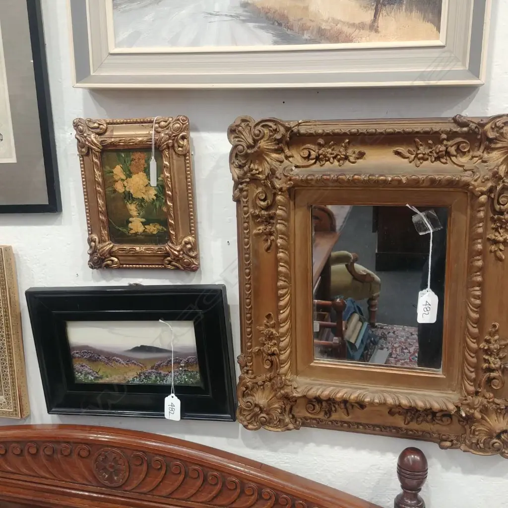 GILT FRAMED MIRROR AND TWO PRINTS Image 1++