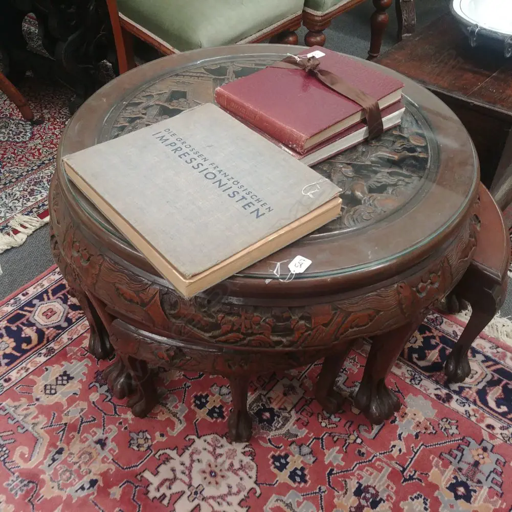 CHINESE CARVED NEST OF TABLES + STOOL Image 1++