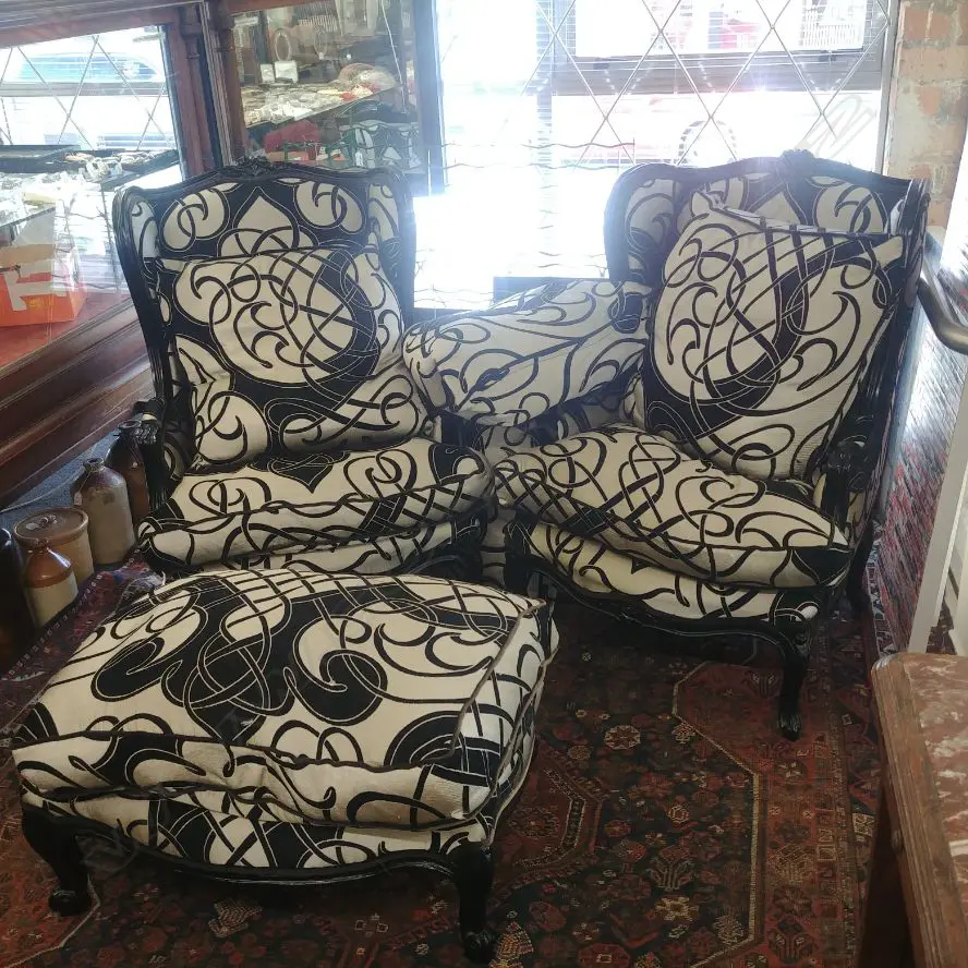 PAIR OF EBONISED FRENCH STYLE ARMCHAIRS + OTTOMAN Image 1++
