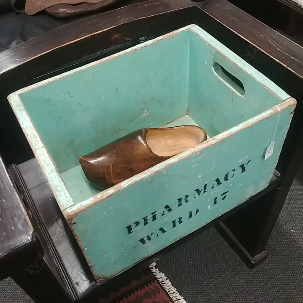 OLD WOOD PHARMACY BOX + WOOD CLOGS Image 1++