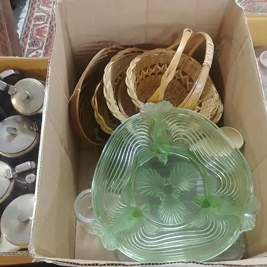 BOX CANE BASKETS; GLASS; URANIUM GLASS BOWL