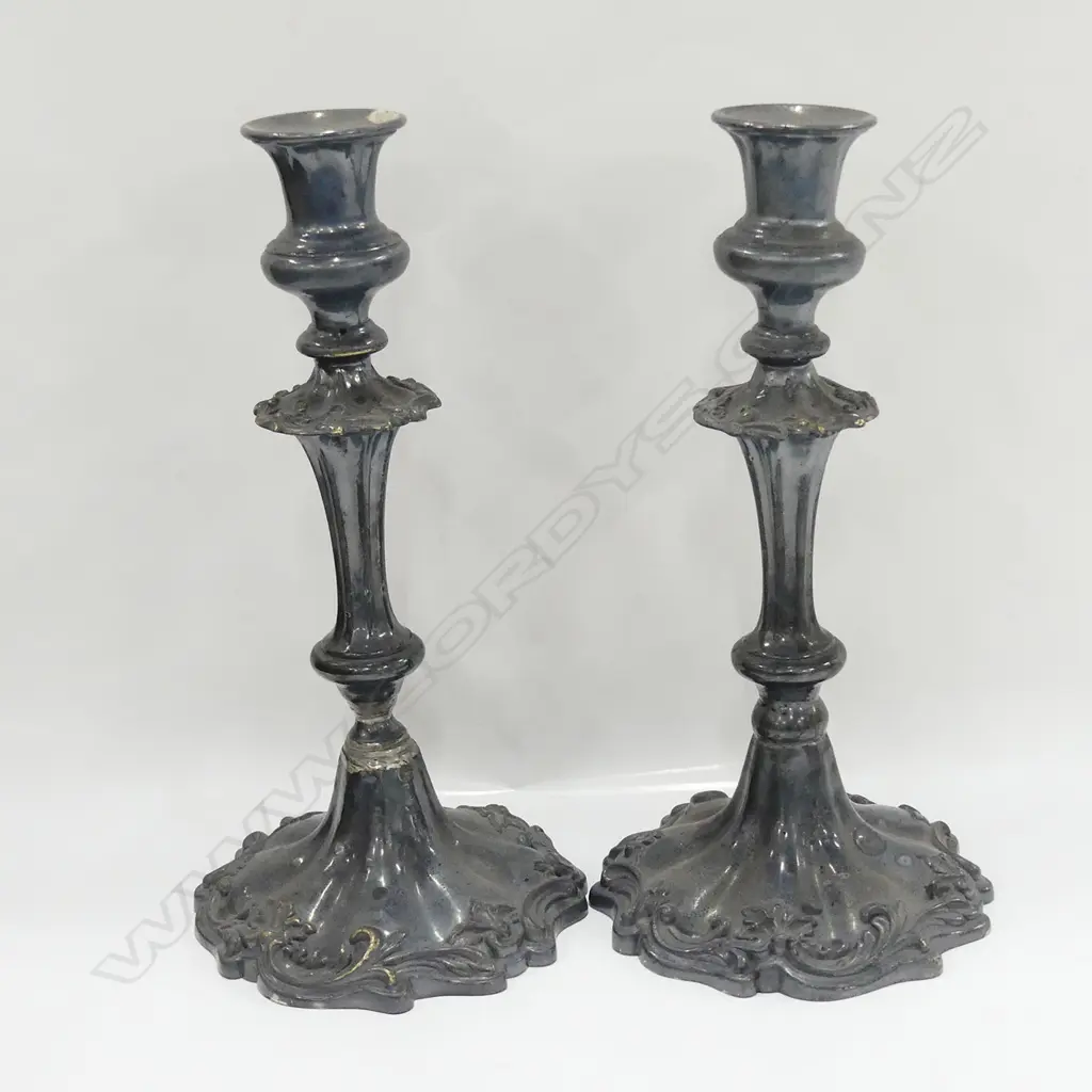 PR 19THC SILVER PLATE FANCY COLUMN CANDLESTICKS. OLD REPAIR Image 1++