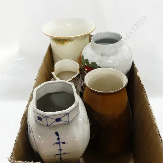 5 OLD VASES: 1 DUTCH DELFT TYPE, TUNSTALL ETC