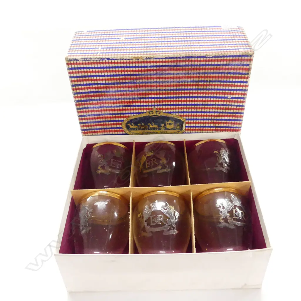 BOXED SET 1953 QE11 CORONATION SHOT/SHERRY GLASSES  Image 1++