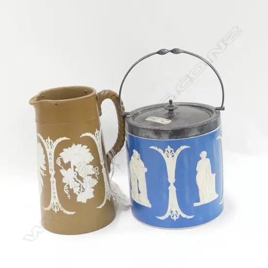 2 C1900 JASPERWARE PCES: BISCUIT BARREL,JUG