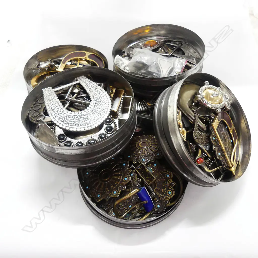 6 TINS ASSORTED BELT BUCKLES ETC Image 1++