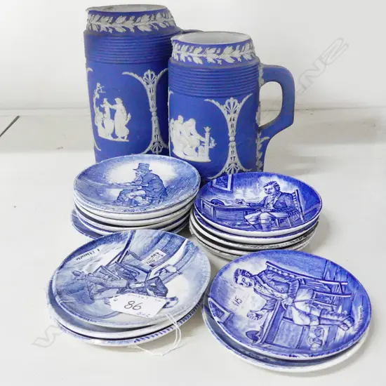 16 SMALL DICKENS DISHES B&W + 2 JUGS