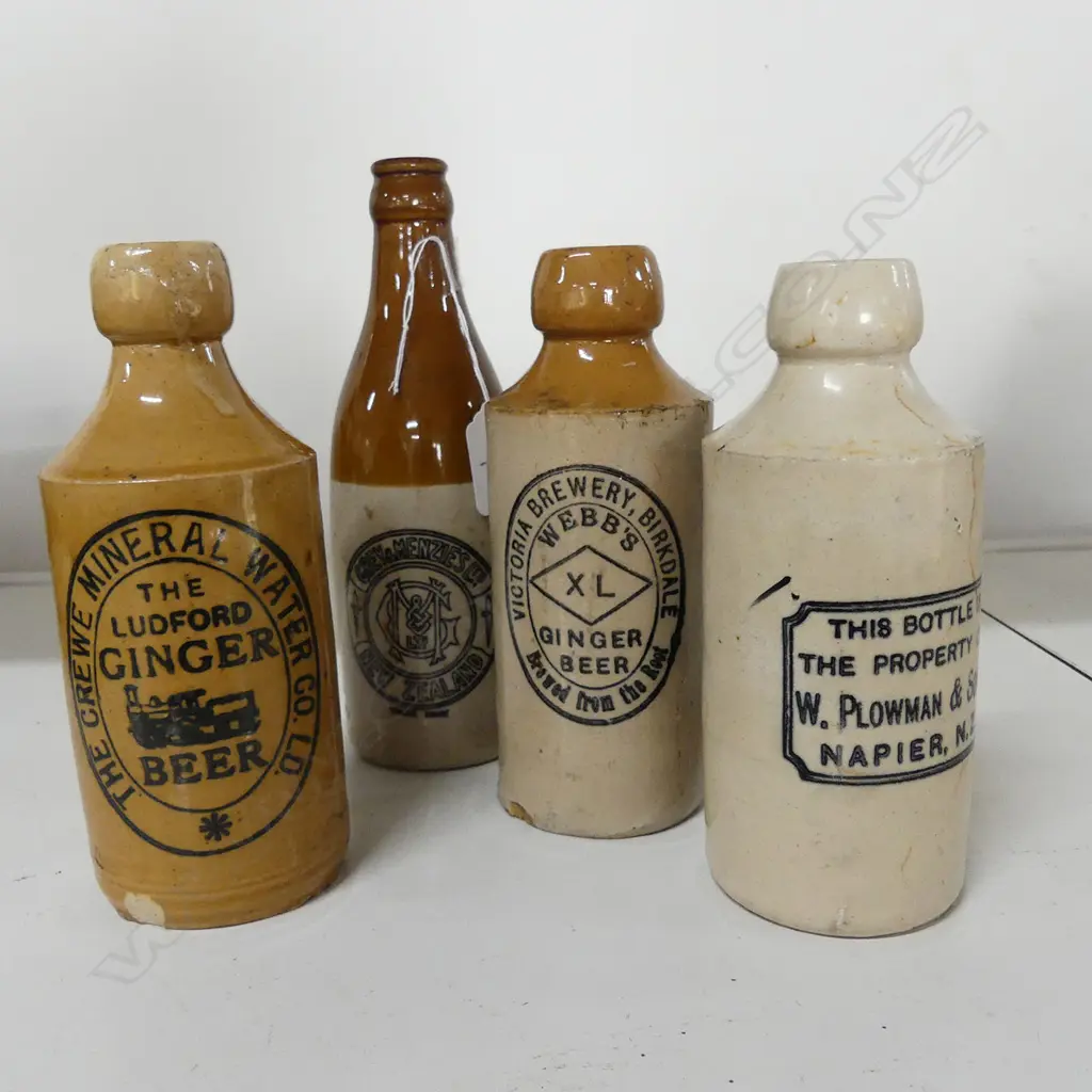 4 OLD STONEWARE GINGER BEER BOTTLES:2 NZ ETC Image 1++