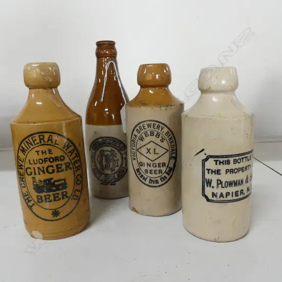 4 OLD STONEWARE GINGER BEER BOTTLES:2 NZ ETC