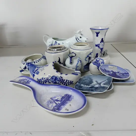 15 B&W DELFT & OTHER VASES, COW CREAMER ETC