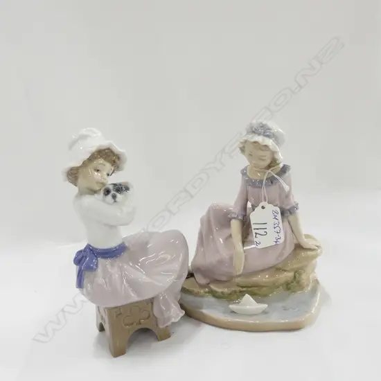 2 NAO GIRL FIGURINES W DOG & SAILBOAT