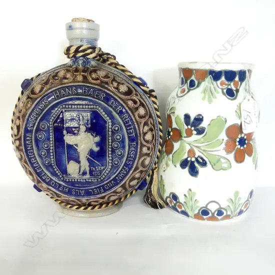 GERMAN STONEWARE MAJOLICA FLAGON & VASE