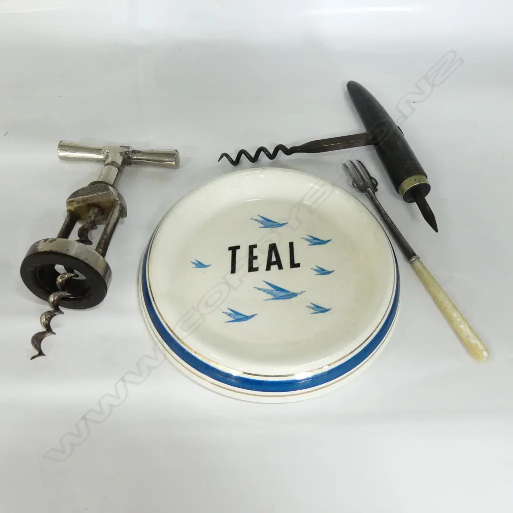 2 OLD CORKSCREWS, SILVER PICKLE FORK, TEAL ASHTRAY Image 1++