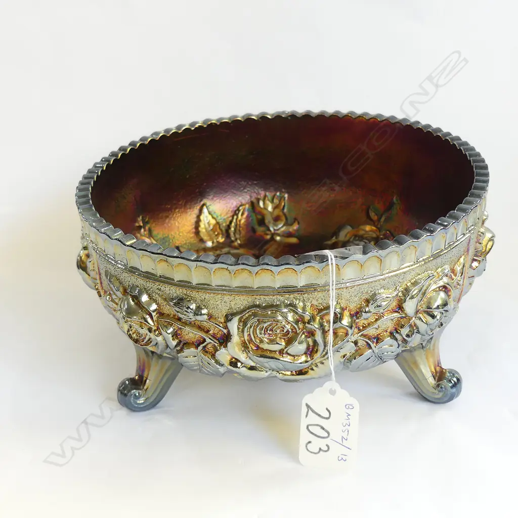 GOOD DARK PURPLE LUSTROUS CARNIVAL GLASS FOOTED BOWL Image 1++