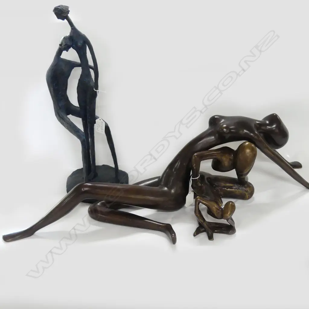 3 BRASS STYLISED  FIGURES & OTHER RESIN SCULPTURE Image 1++