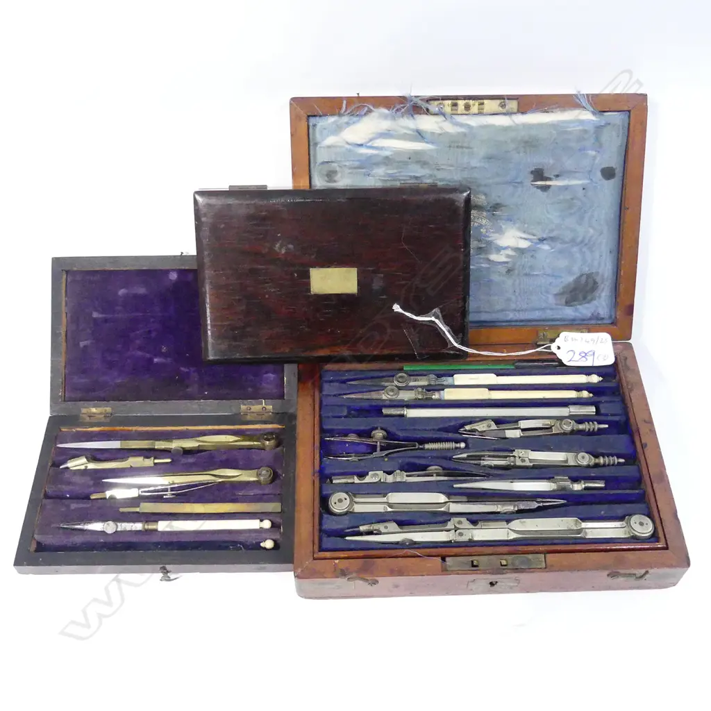 19THC MAHOG & ROSE WOOD CASED  DRAUGHTING SET X 2 +BOX Image 1++
