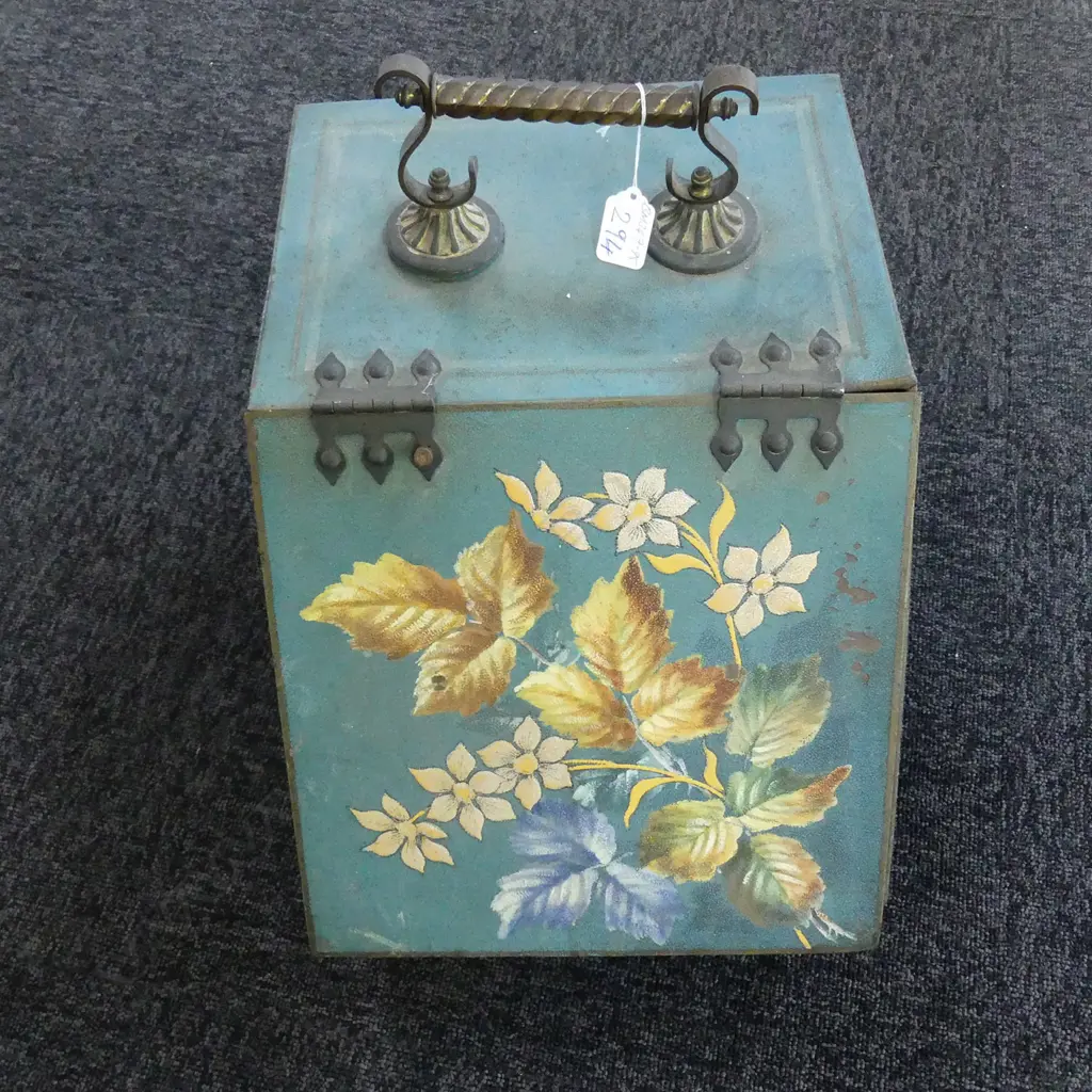 VICT, ARTS & CRAFTS FLORAL PAINTED TIN COAL SCUTTLE Image 1++