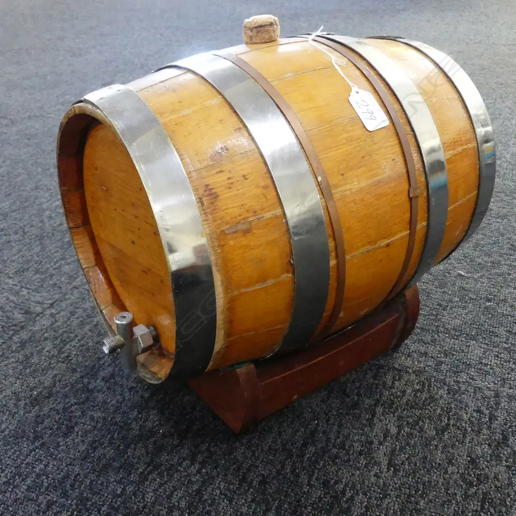 OAK METAL BOUND LIQUOR BARREL ON STAND  Image 1++