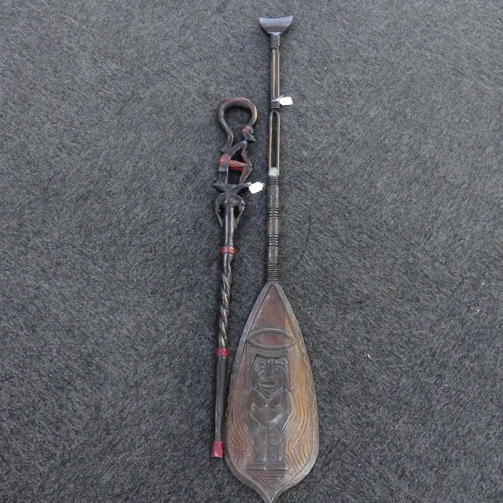 CARVED AFRICAN WALKING STICK & TRIBAL PADDLE A.F Image 1++