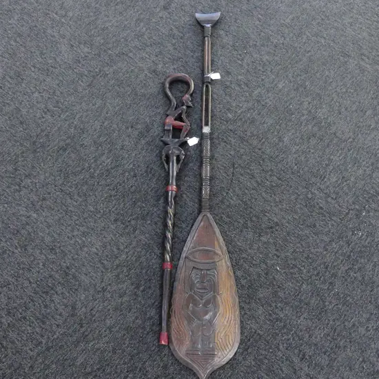 CARVED AFRICAN WALKING STICK & TRIBAL PADDLE A.F