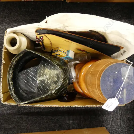 BOX OF TROPHY, HAT, ALBUM, MIRROR ETC