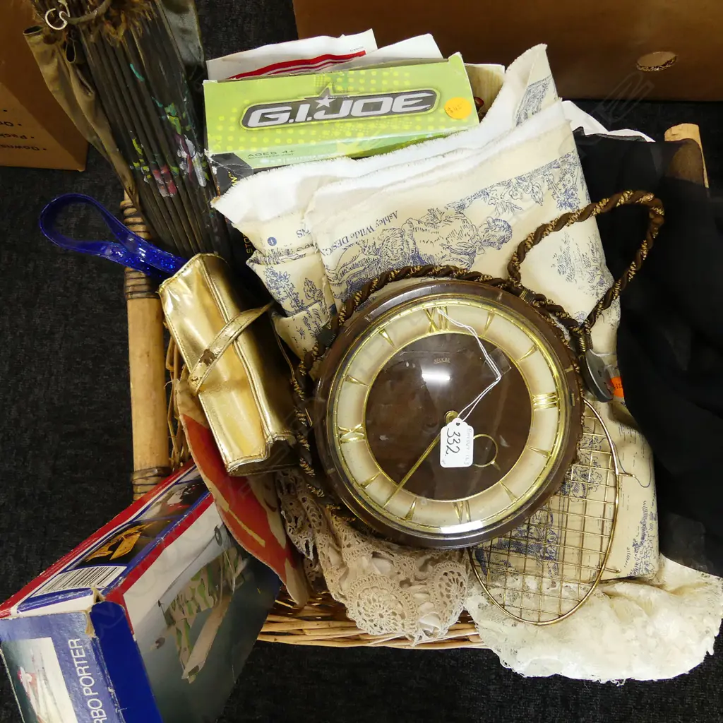 BASKET OF ITEMS CLOCK FABRIC TOYS ETC Image 1++