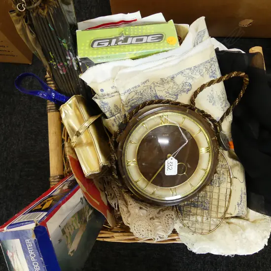 BASKET OF ITEMS CLOCK FABRIC TOYS ETC