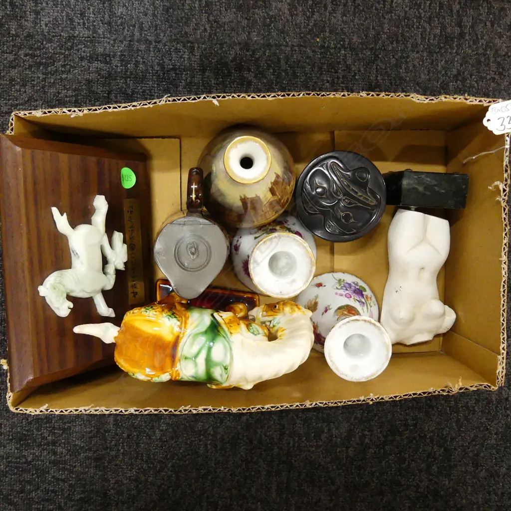 BOX OF TANG HORSE, PR PORCELAIN CANDLESTICKS... Image 1++