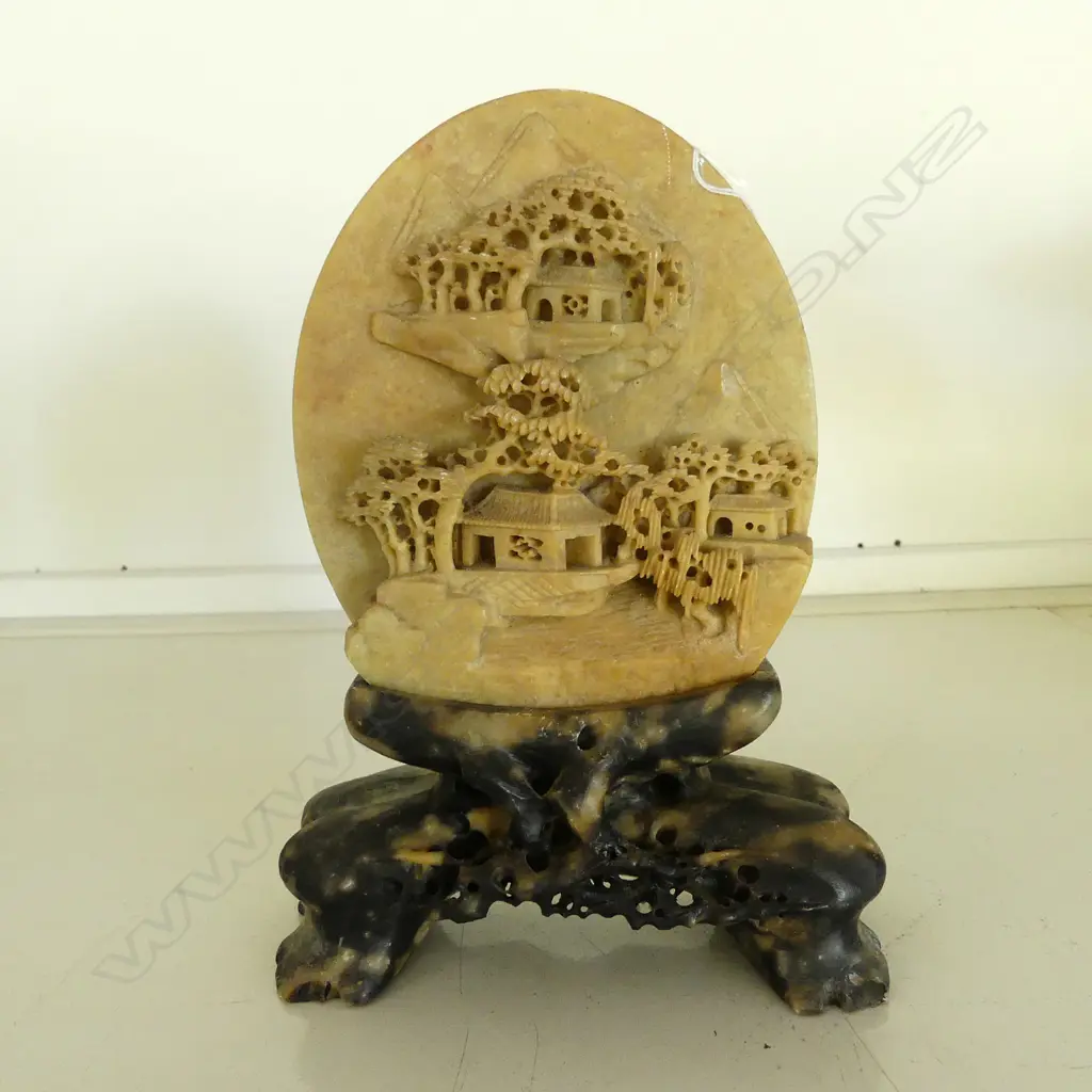 CHINESE CARVED SOAPSTONE SCULPTURE DISC ON STAND Image 1++