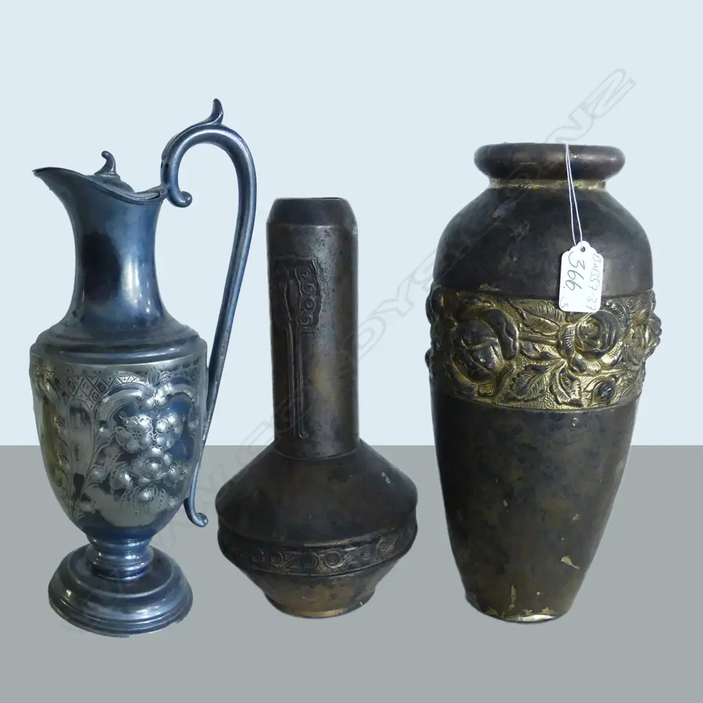 2 ART NOUVEAU BRASS VASES & S/PLATE EWER Image 1++