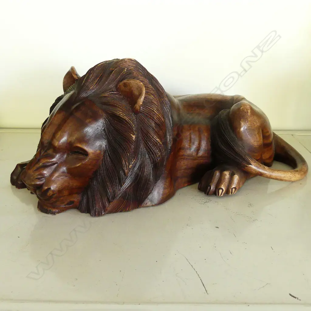 CARVED TEAK SLEEPING LION Image 1++