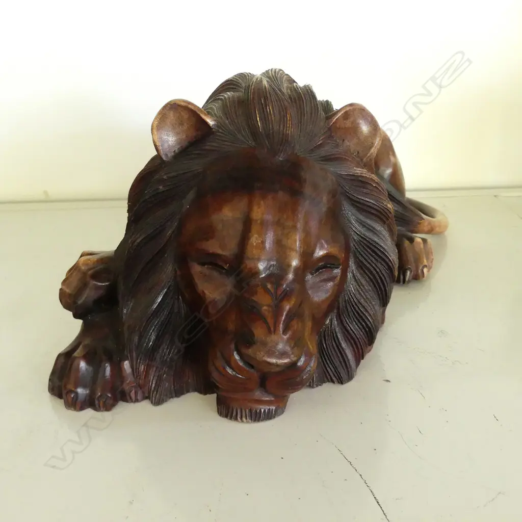 CARVED TEAK SLEEPING LION Image 1++
