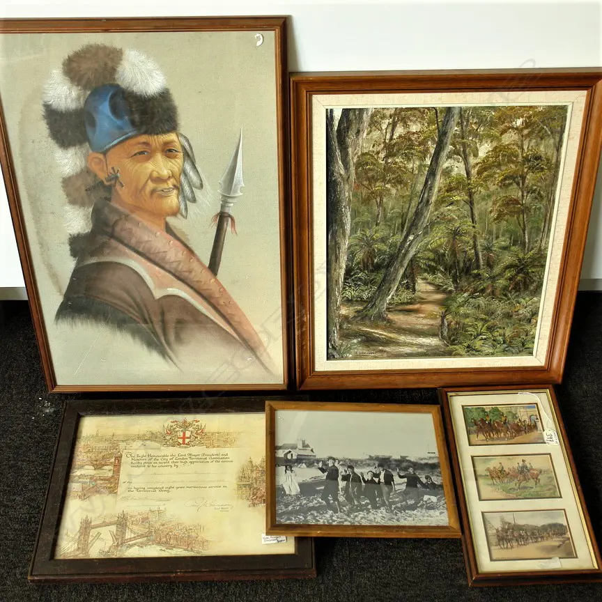 5 FRAMED WORKS: 2 PAINTINGS, PHOTO PRINT, DOCUMENT Image 1++