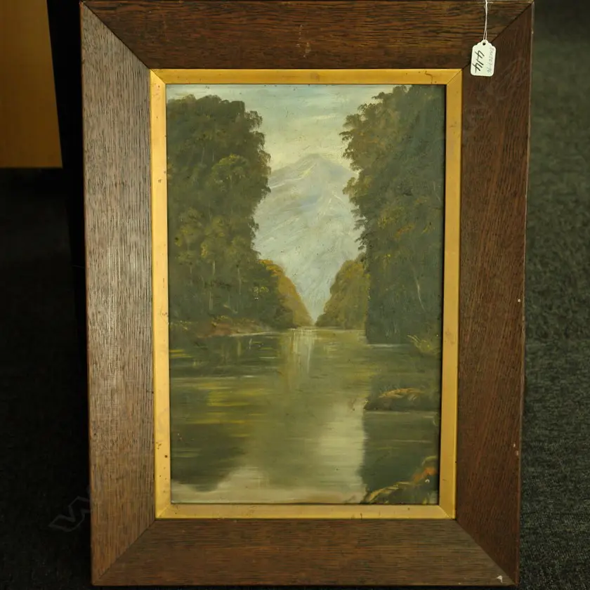 COLONIAL OIL PAINTING RIVER SCENE OAK FRAME Image 1++