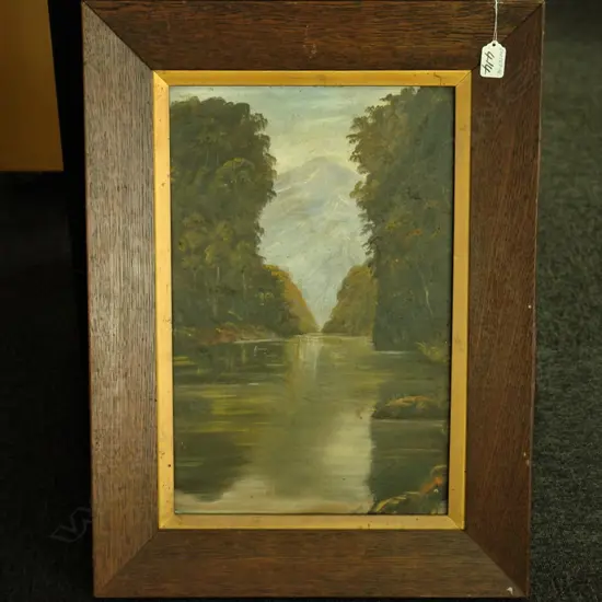 COLONIAL OIL PAINTING RIVER SCENE OAK FRAME