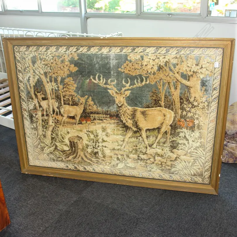 LGE VINTAGE MACHINE EMBROIDERY DEER IN LANDSCAPE. FRAMED 1530 X 1070mm Image 1++