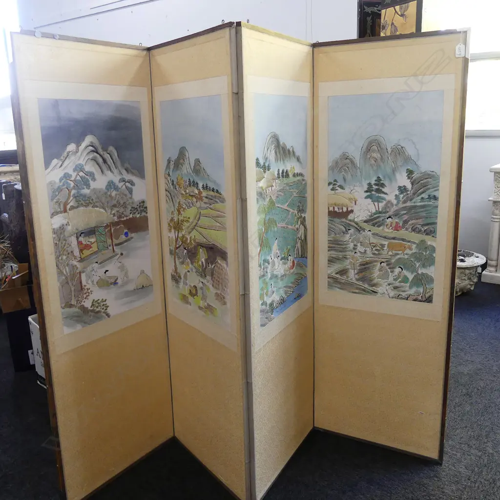 VINTAGE JAPANESE 4 FOLD SCREEN EMBROIDERED PANELS Image 1++