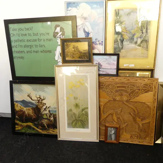 10 VARIOUS; CARVED PANEL, EMBROIDERY, ARTWORKS