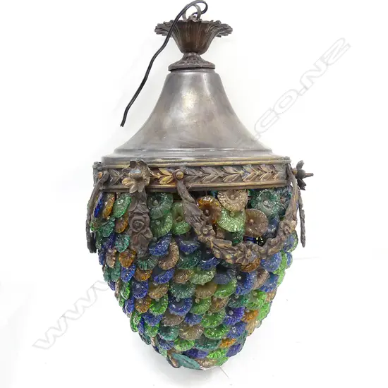 MULTI-COLURED GLASS & BRONZE CEILING LIGHT, H. 440