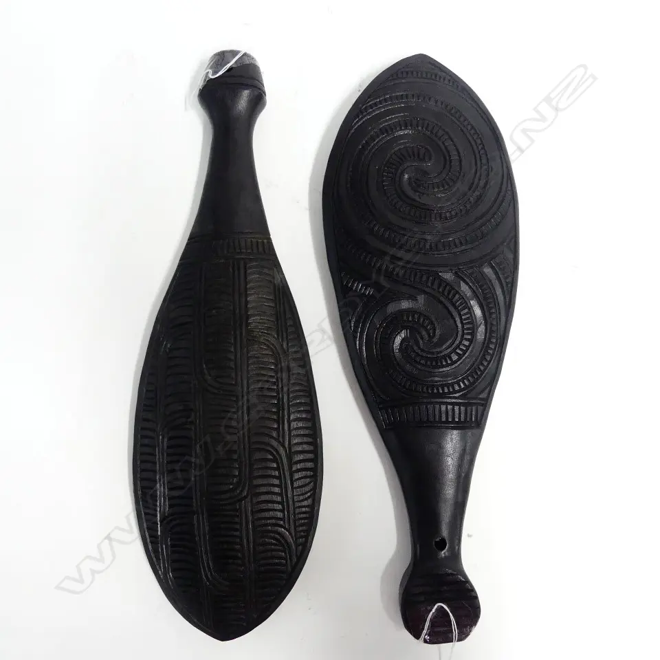 TWO MODERN CARVED WOODEN  MAORI PATU, L. 400MM Image 1++