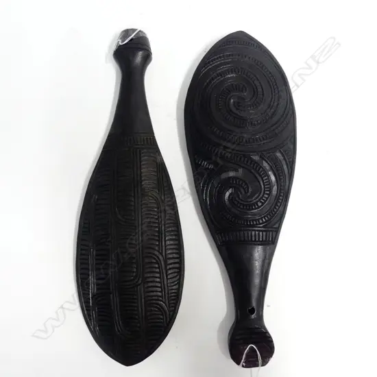 TWO MODERN CARVED WOODEN  MAORI PATU, L. 400MM