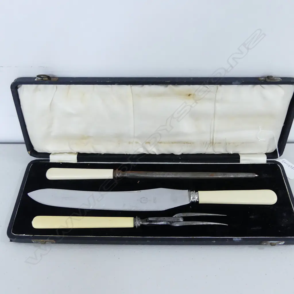 A CASED IVORINE HANDLED CARVING SET Image 1++