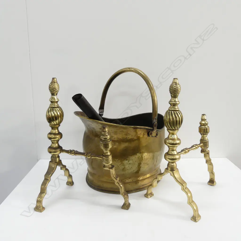 PR OF BRASS FIRE DOGS,  BRASS COAL BUCKET, SHOVEL & SM METAL SEATED MAN SCULPT Image 1++